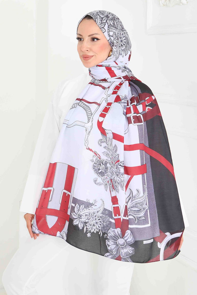 Kemerli Çiçek Bahçesi Serisi Pamuk Şal 27858-BORDO - TOFİSA