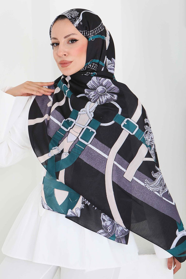 Kemerli Çiçek Bahçesi Serisi Pamuk Şal - 27858-PETROL - TOFİSA