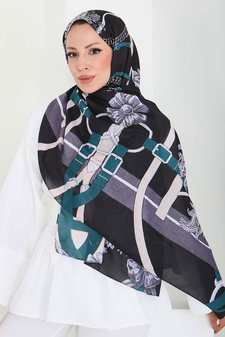 Kemerli Çiçek Bahçesi Serisi Pamuk Şal - 27858-PETROL - TOFİSA