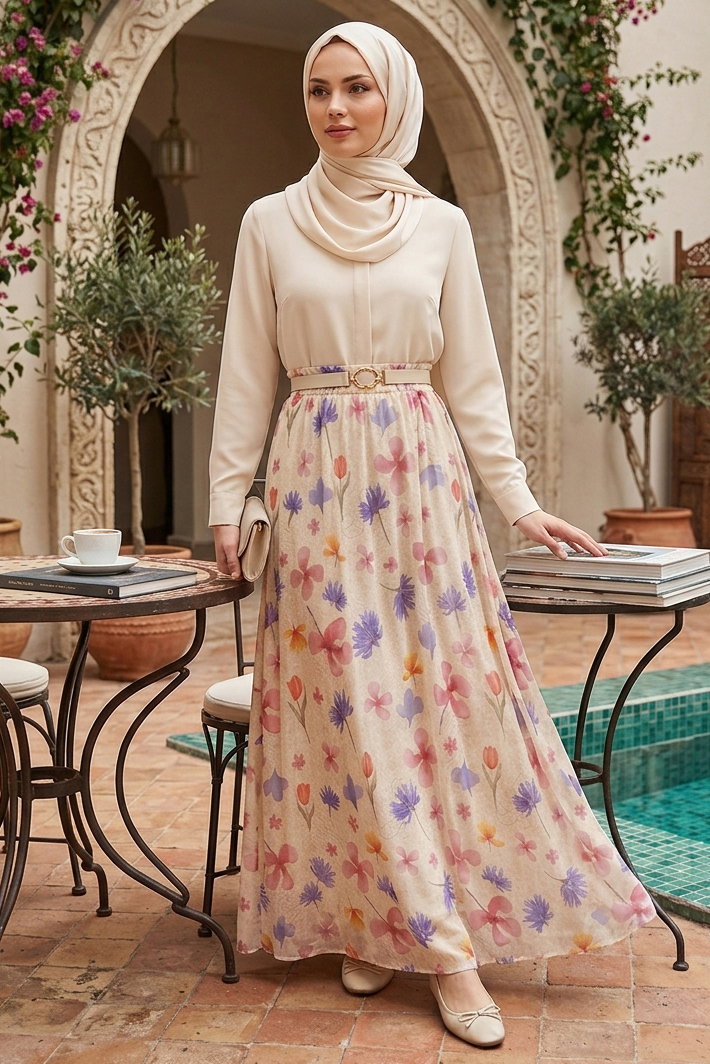 Desenli Şifon Etek - 28401-KREM - 1