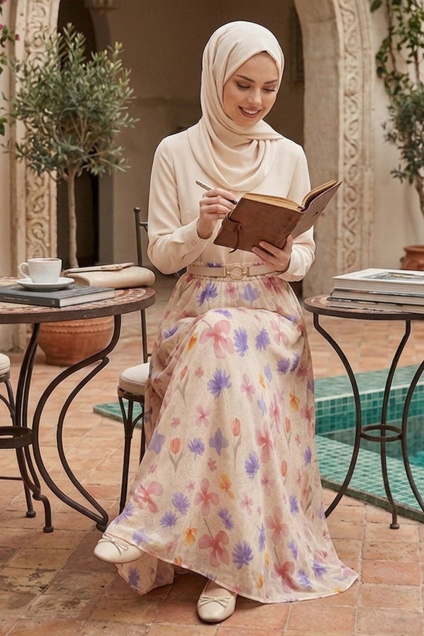 Desenli Şifon Etek - 28401-KREM - 2