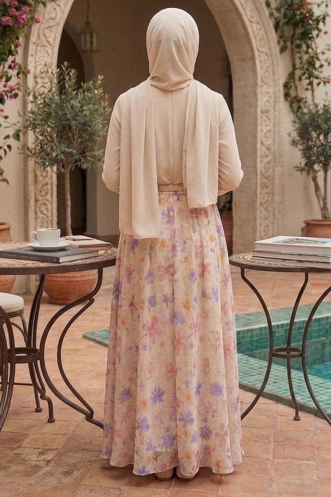 Desenli Şifon Etek - 28401-KREM - 3