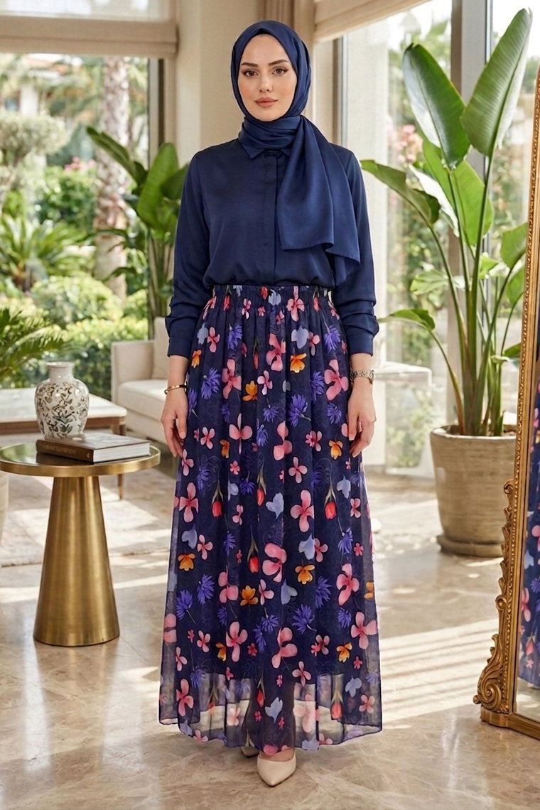 Desenli Şifon Etek - 28401-LACIVERT - 2