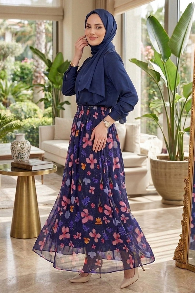 Desenli Şifon Etek - 28401-LACIVERT - 1