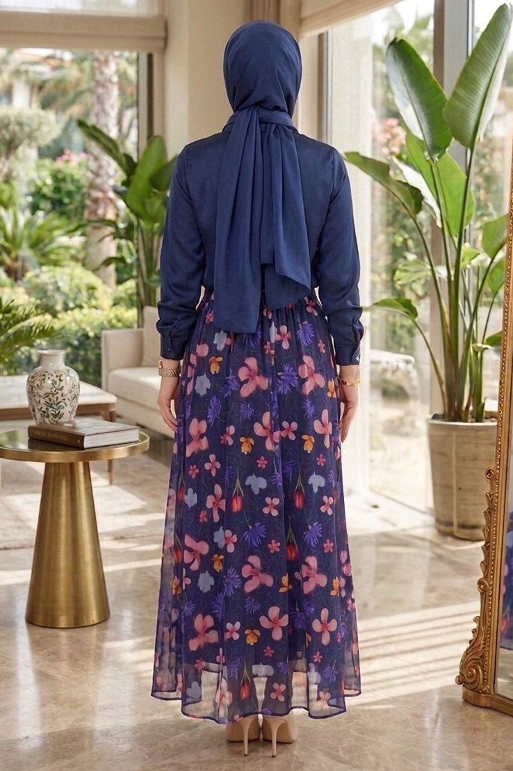 Desenli Şifon Etek - 28401-LACIVERT - 3