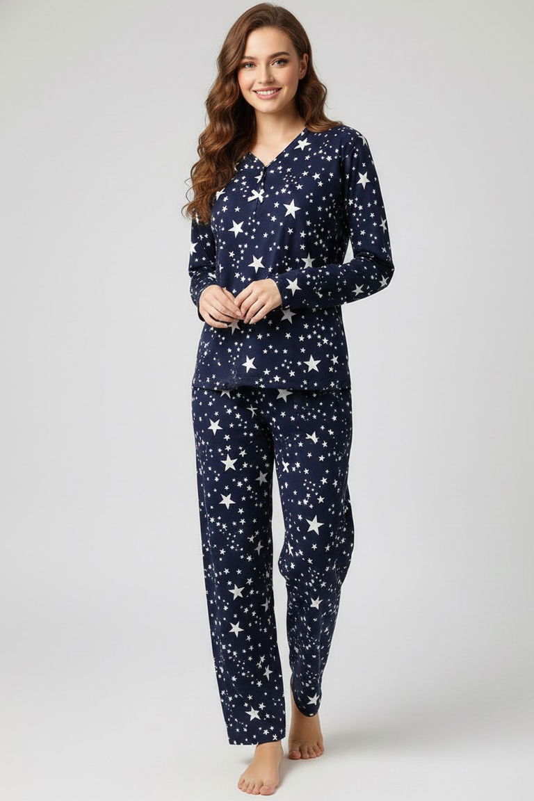 Desenli Süet Pijama Takımı - 28047-LACIVERT - TOFİSA