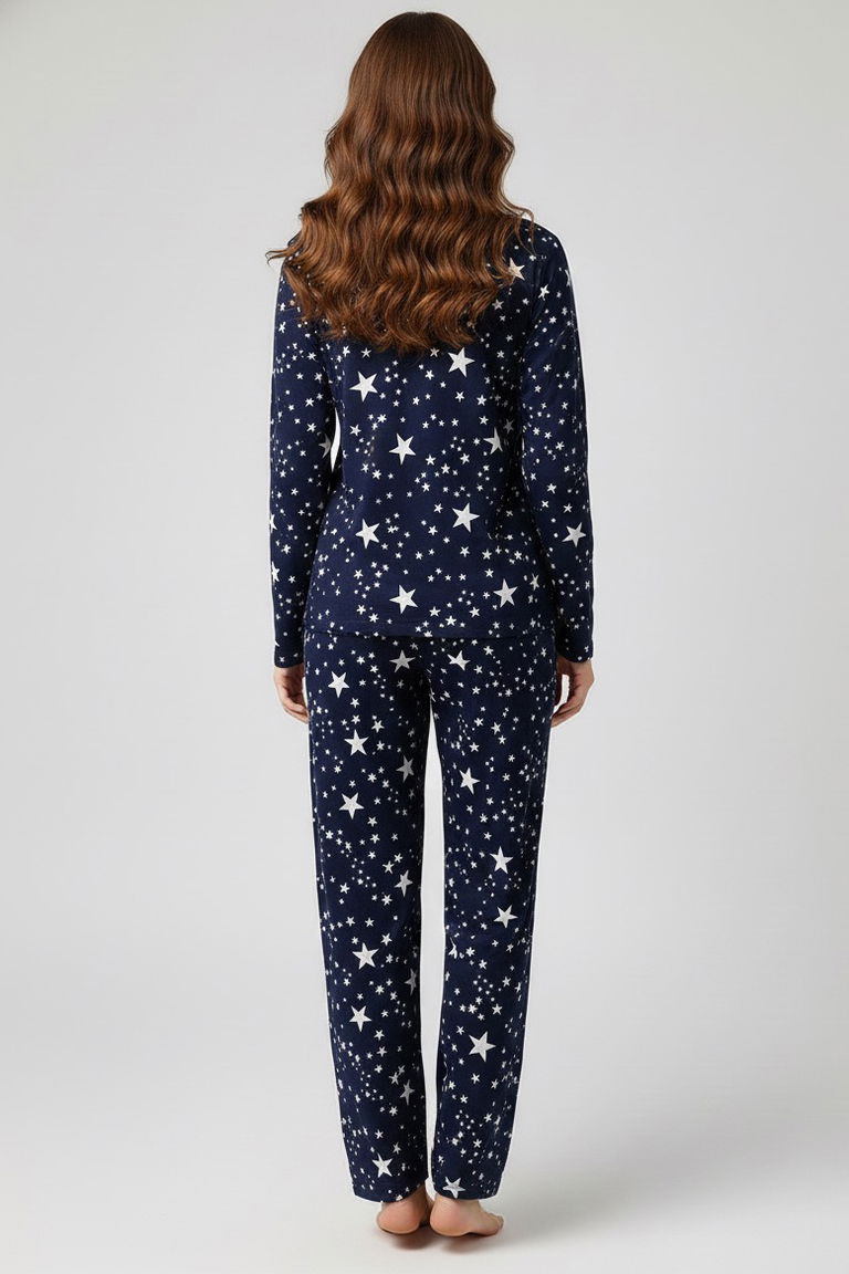 Desenli Süet Pijama Takımı - 28047-LACIVERT - TOFİSA