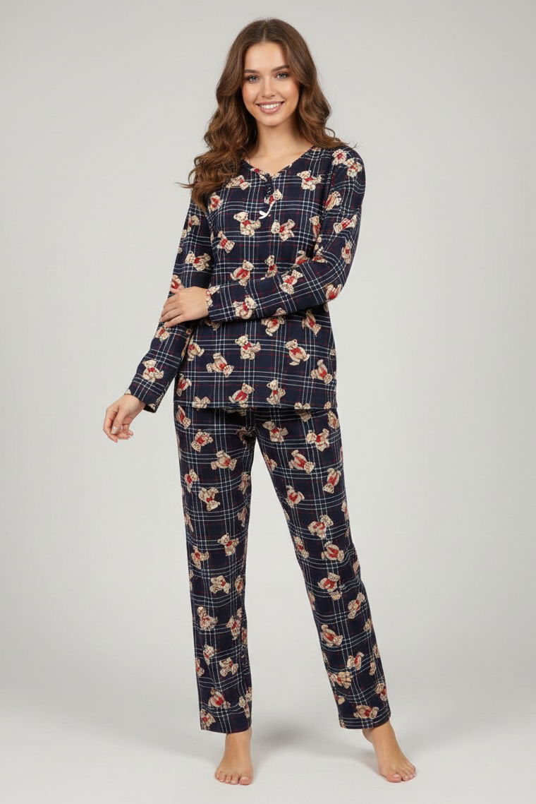 Desenli Süet Pijama Takımı - 28048-LACIVERT - TOFİSA