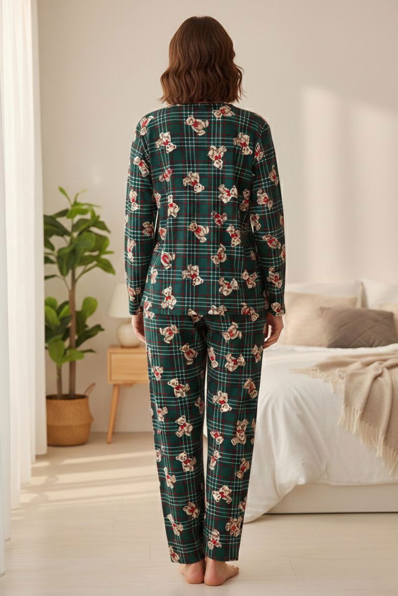 Desenli Süet Pijama Takımı - 28048-ZUMRUT - 2