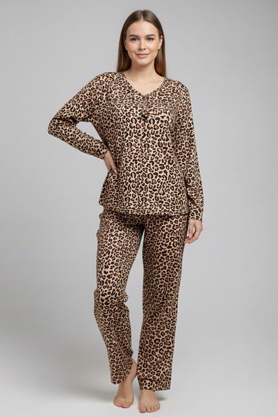 Desenli Süet Pijama Takımı - 28049-VIZON 