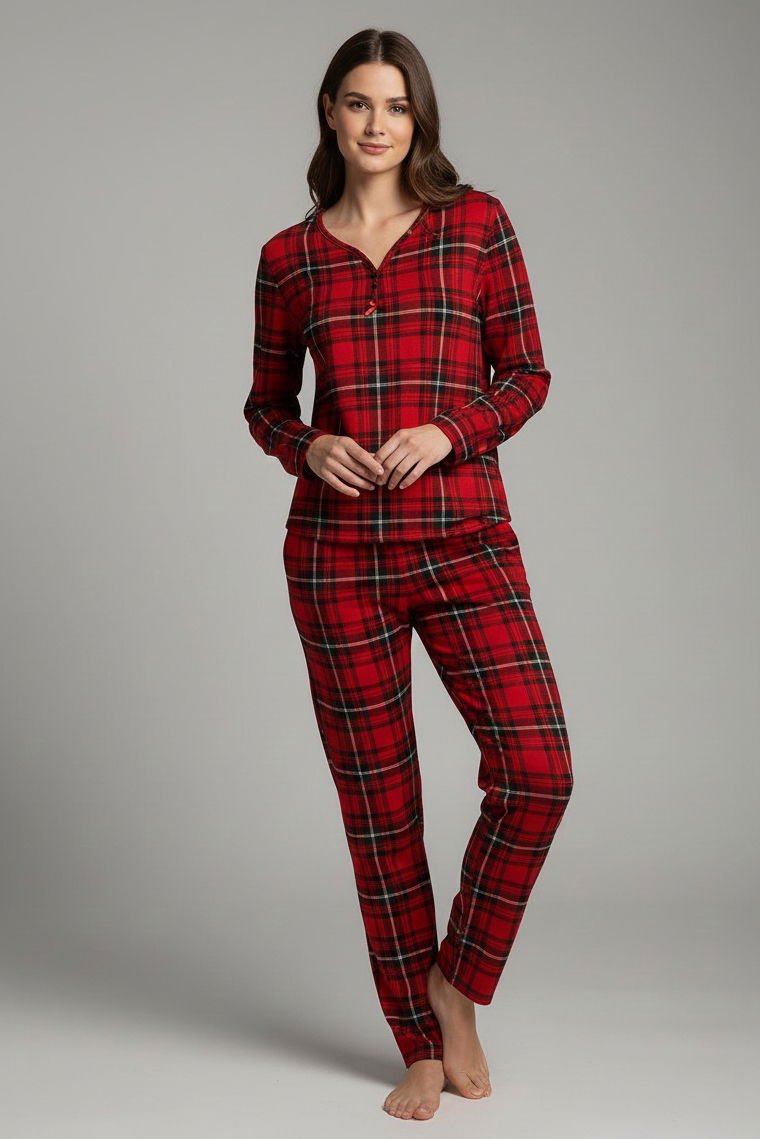 Desenli Süet Pijama Takımı - 28050-KIRMIZI - TOFİSA