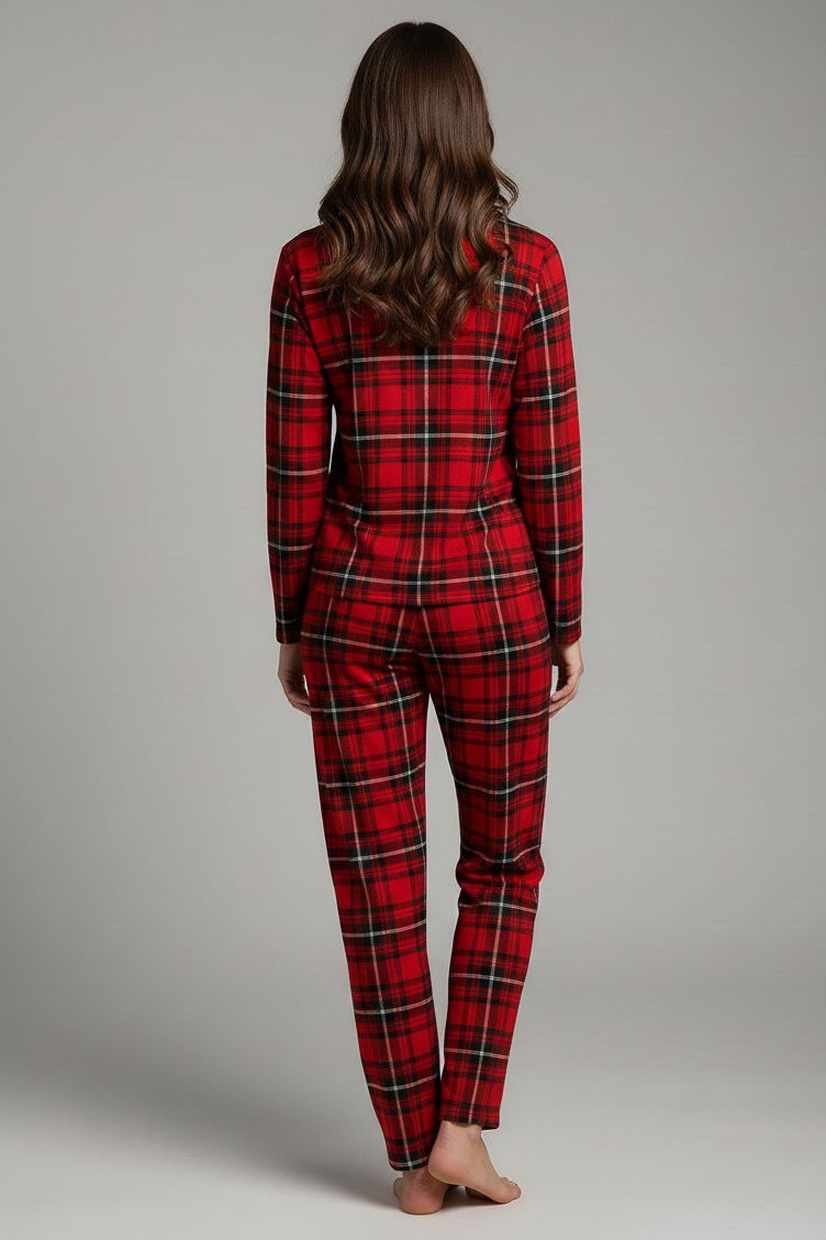 Desenli Süet Pijama Takımı - 28050-KIRMIZI - TOFİSA