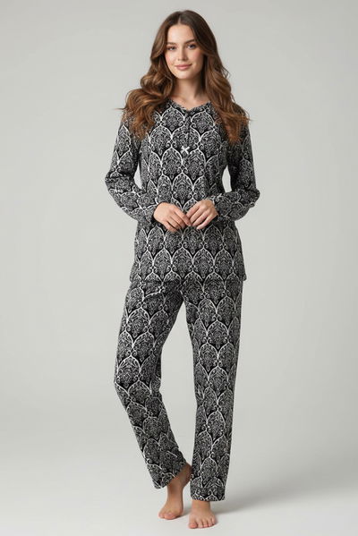 Desenli Süet Pijama Takımı - 28051-SIYAH 