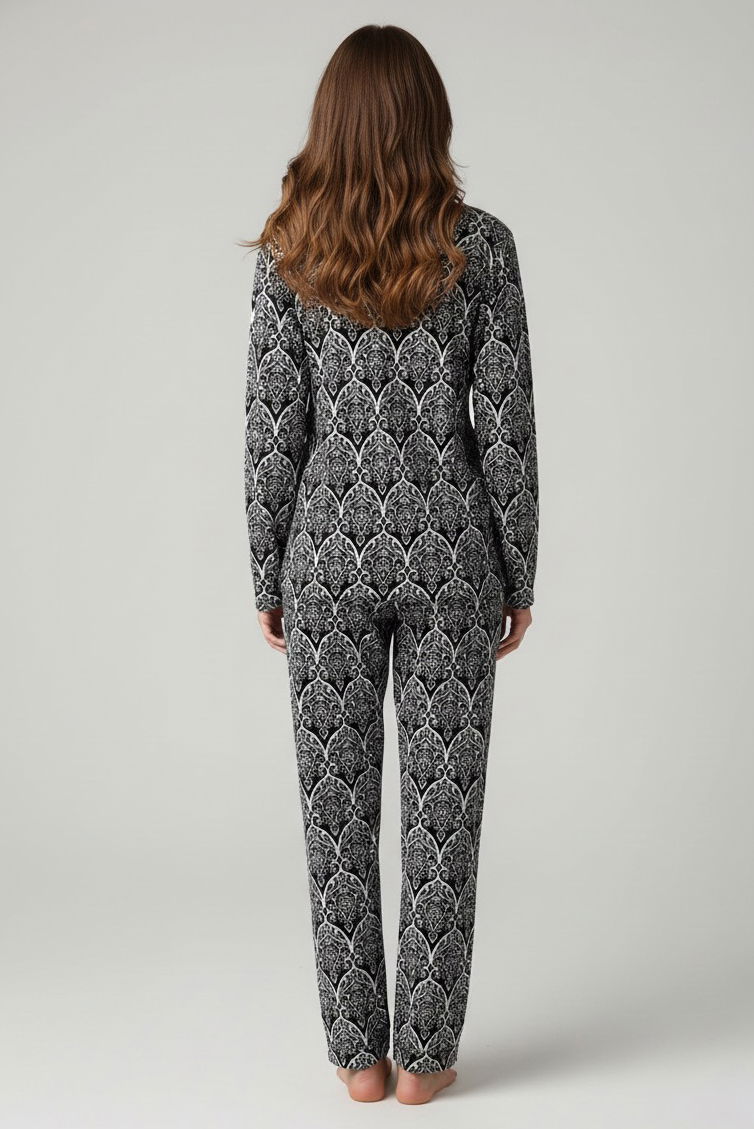 Desenli Süet Pijama Takımı - 28051-SIYAH - 2