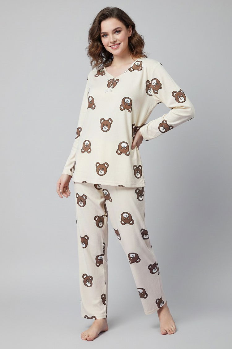 Desenli Süet Pijama Takımı - 28052-KREM - 1