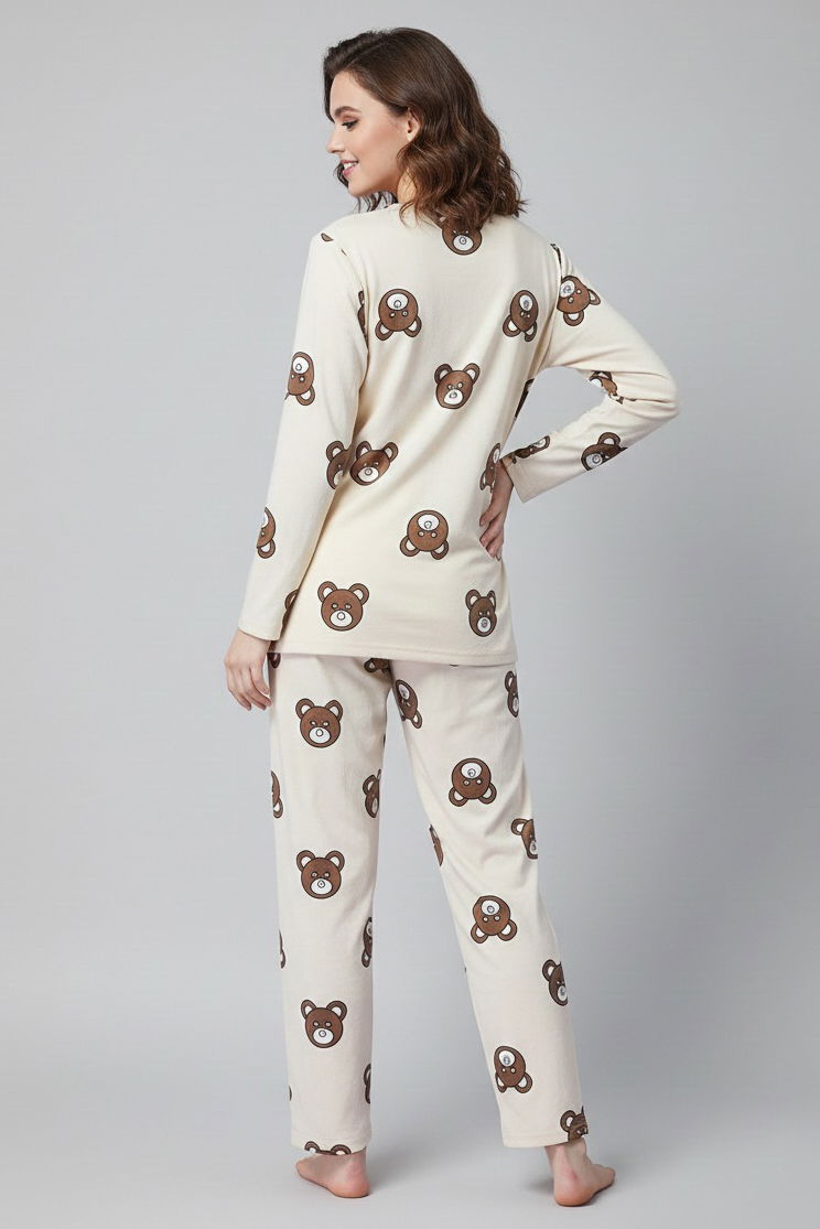 Desenli Süet Pijama Takımı - 28052-KREM - TOFİSA