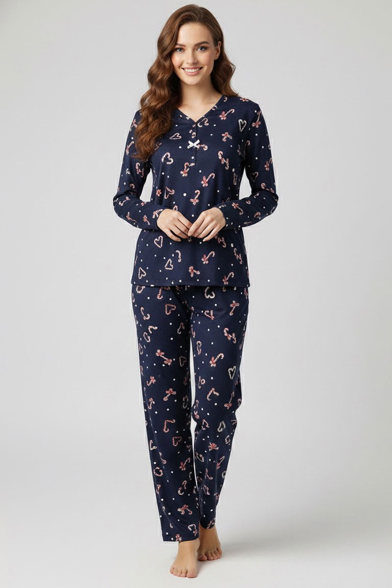 Desenli Süet Pijama Takımı - 28053-LACIVERT - TOFİSA