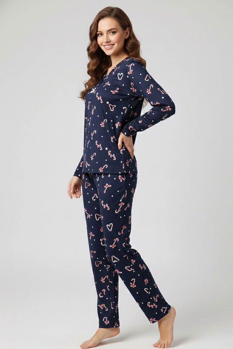 Desenli Süet Pijama Takımı - 28053-LACIVERT - 2