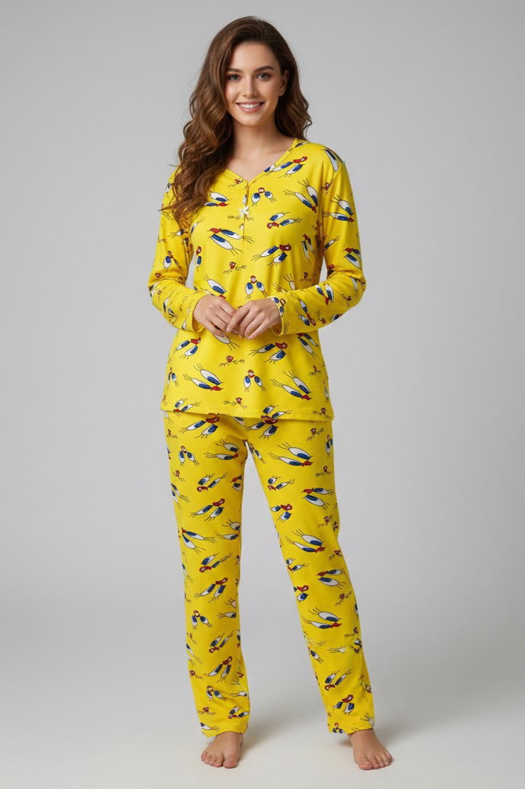 Desenli Süet Pijama Takımı - 28054-SARI - TOFİSA