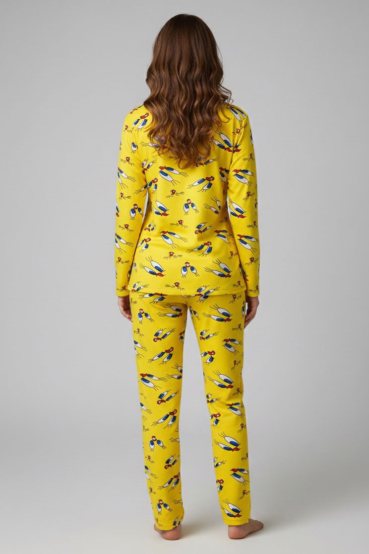 Desenli Süet Pijama Takımı - 28054-SARI - 2