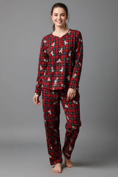 Desenli Süet Pijama Takımı - 28055-KIRMIZI 