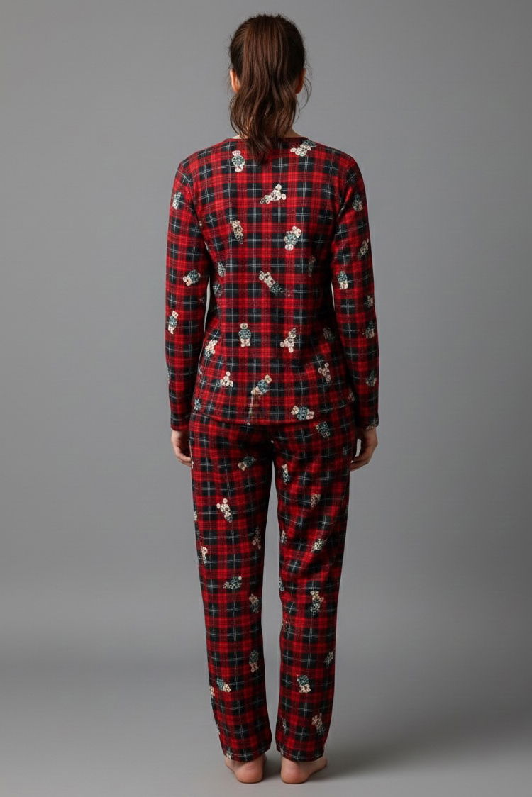 Desenli Süet Pijama Takımı - 28055-KIRMIZI - 2