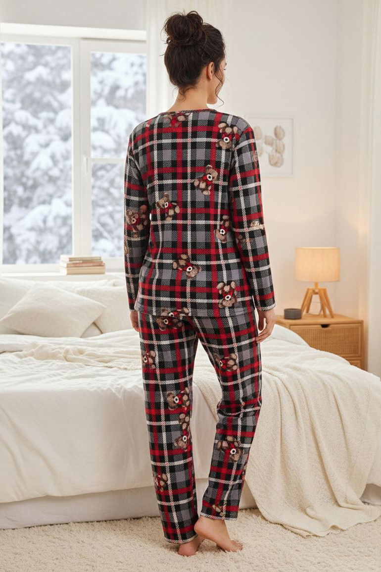 Desenli Süet Pijama Takımı - 28056-GRI - 2