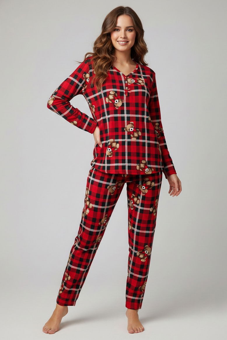 Desenli Süet Pijama Takımı - 28056-KIRMIZI - 1