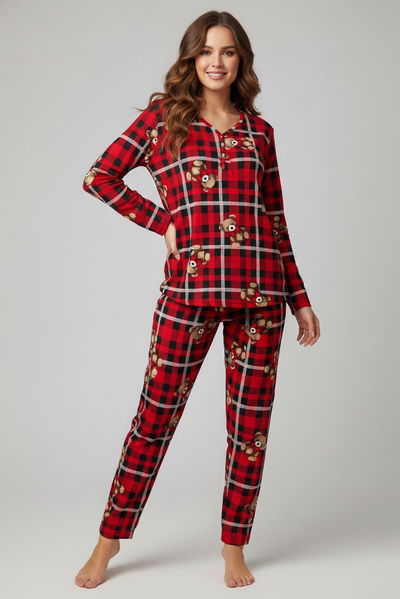 Desenli Süet Pijama Takımı - 28056-KIRMIZI 