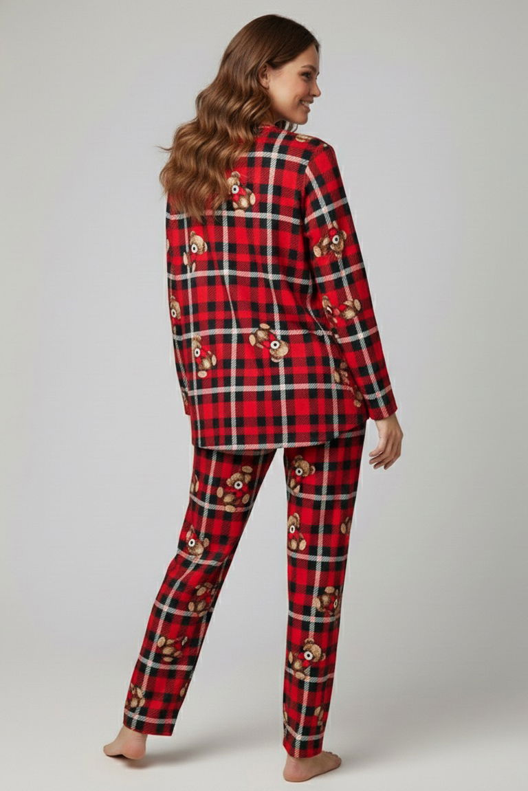 Desenli Süet Pijama Takımı - 28056-KIRMIZI - TOFİSA