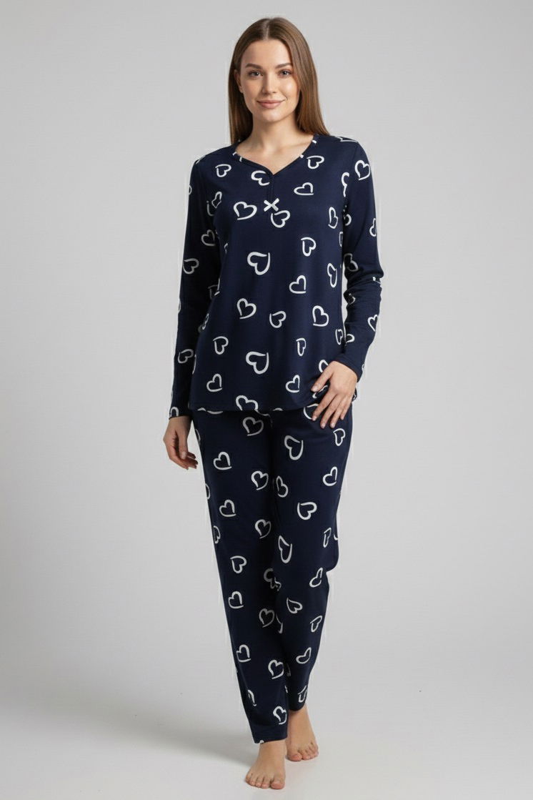 Desenli Süet Pijama Takımı - 28058-LACIVERT - TOFİSA