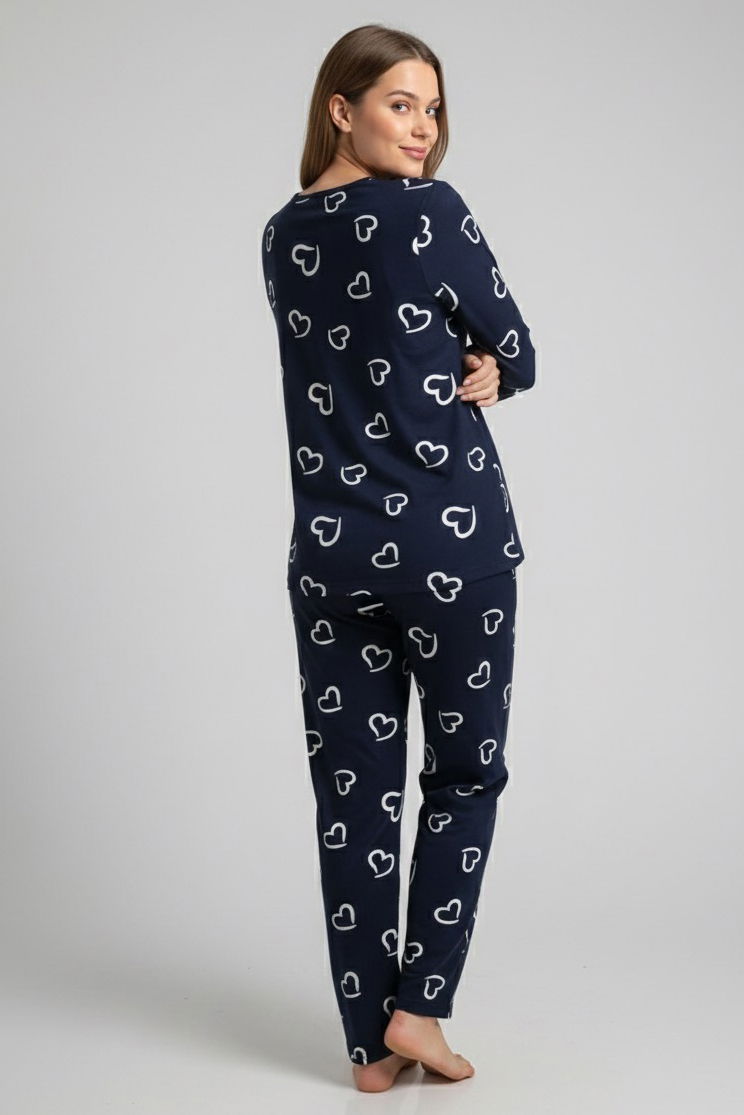 Desenli Süet Pijama Takımı - 28058-LACIVERT - TOFİSA