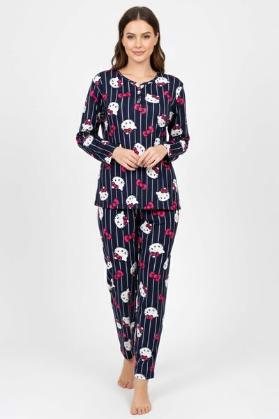 Desenli Süet Pijama Takımı - 28082-LACIVERT 