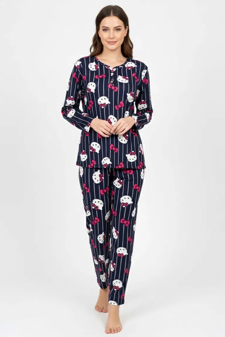 Desenli Süet Pijama Takımı - 28082-LACIVERT - TOFİSA
