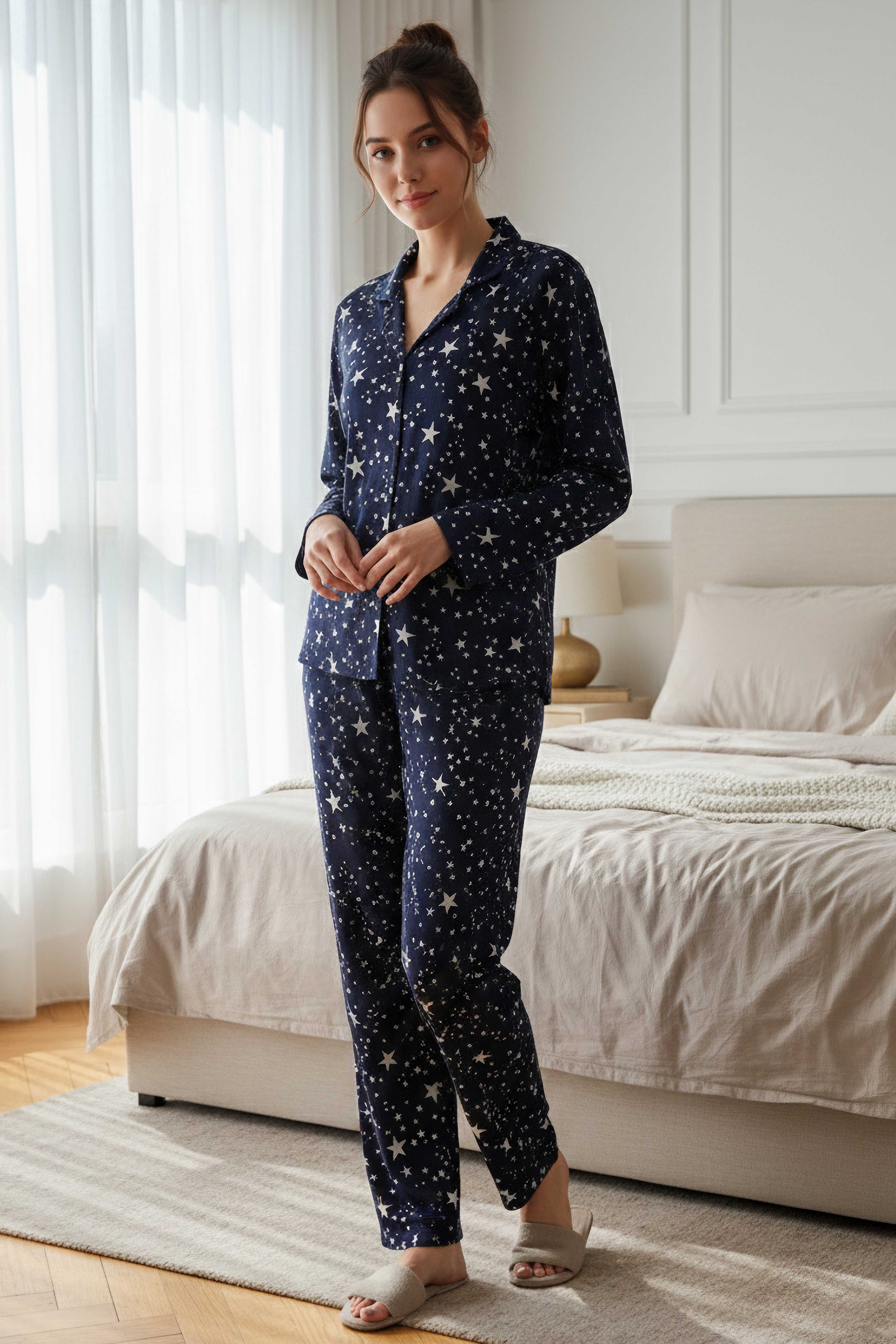 Desenli Süet Pijama Takımı - 28115-LACIVERT - 1