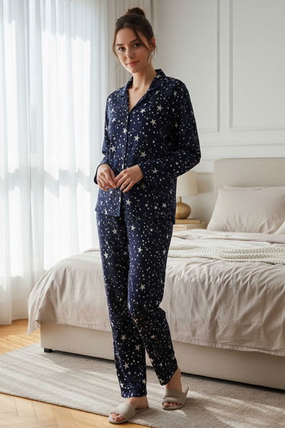 Desenli Süet Pijama Takımı - 28115-LACIVERT 