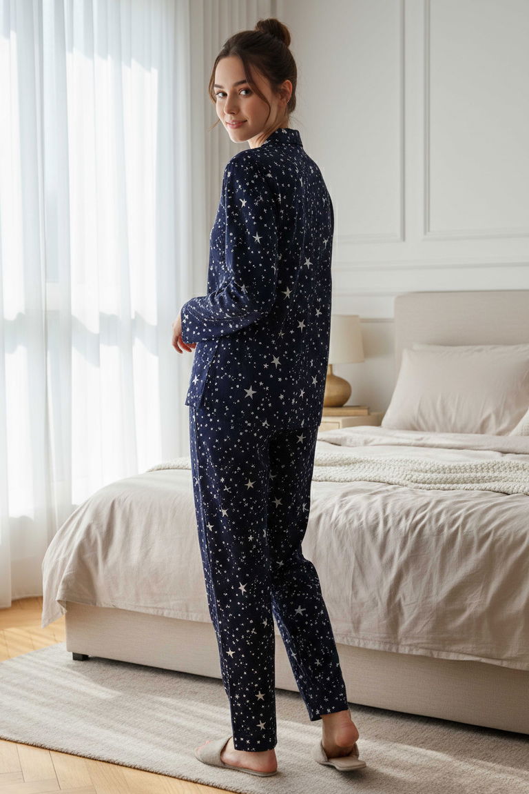 Desenli Süet Pijama Takımı - 28115-LACIVERT - TOFİSA