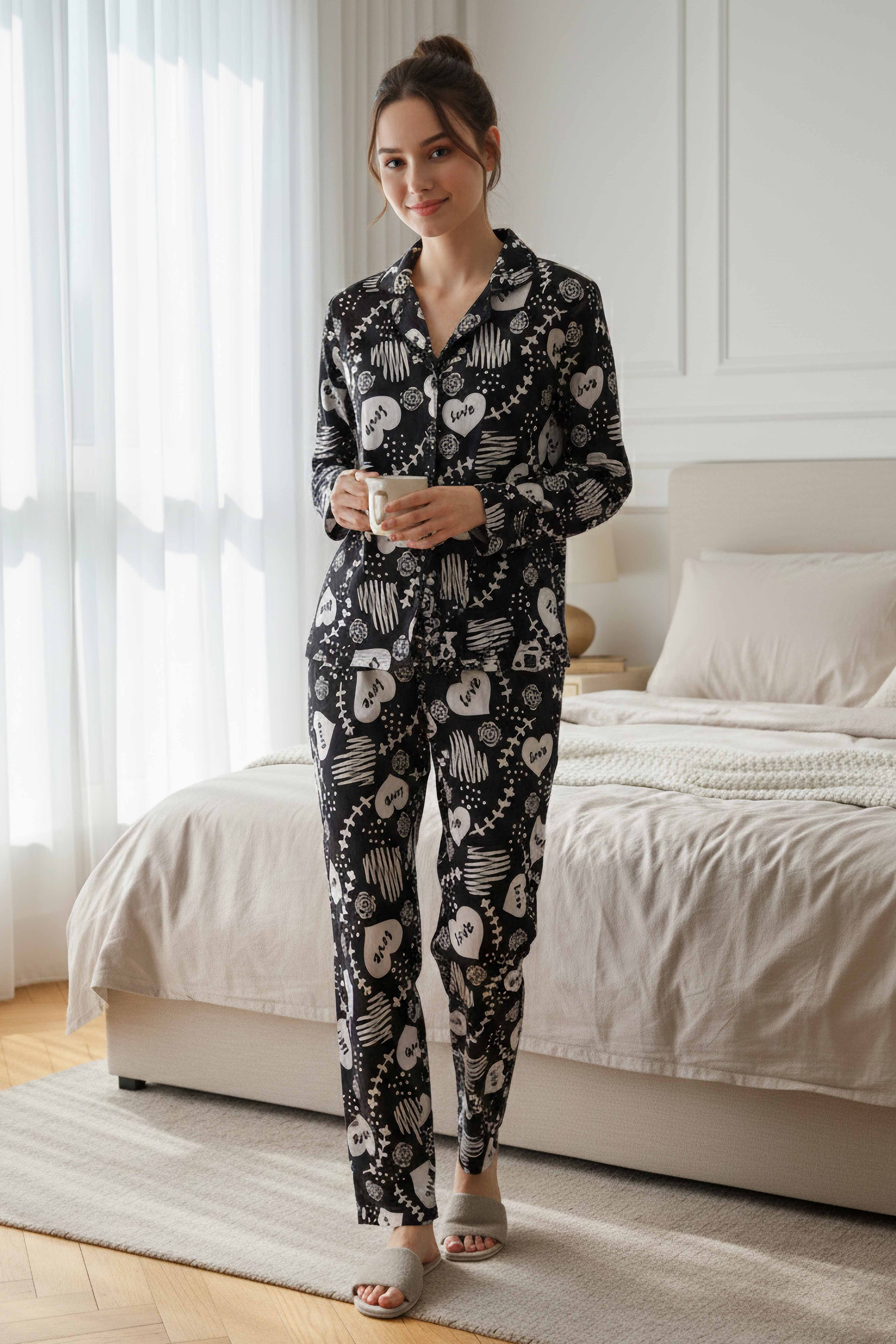 Desenli Süet Pijama Takımı - 28116-SIYAH - 1