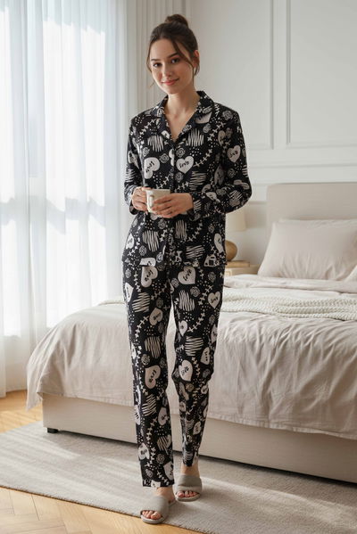 Desenli Süet Pijama Takımı - 28116-SIYAH 