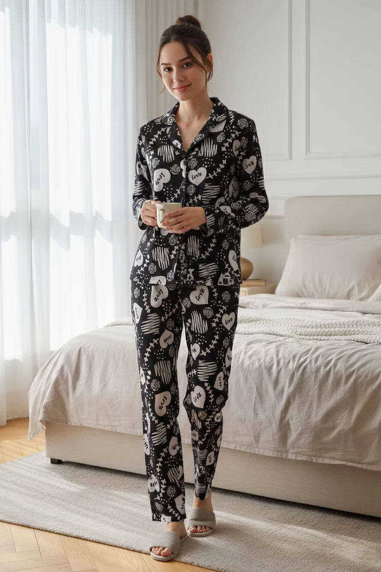 Desenli Süet Pijama Takımı - 28116-SIYAH - TOFİSA