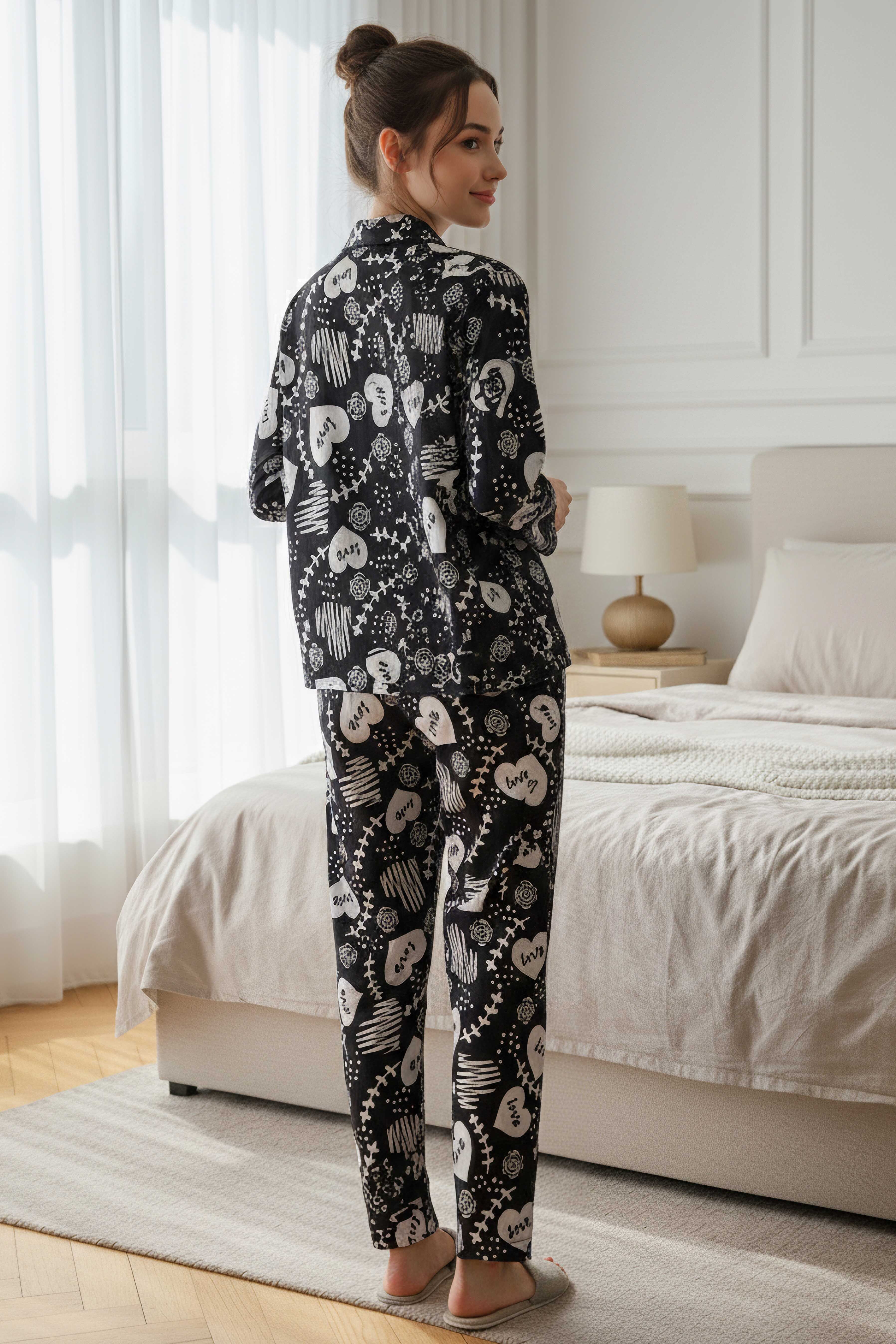 Desenli Süet Pijama Takımı - 28116-SIYAH - 2