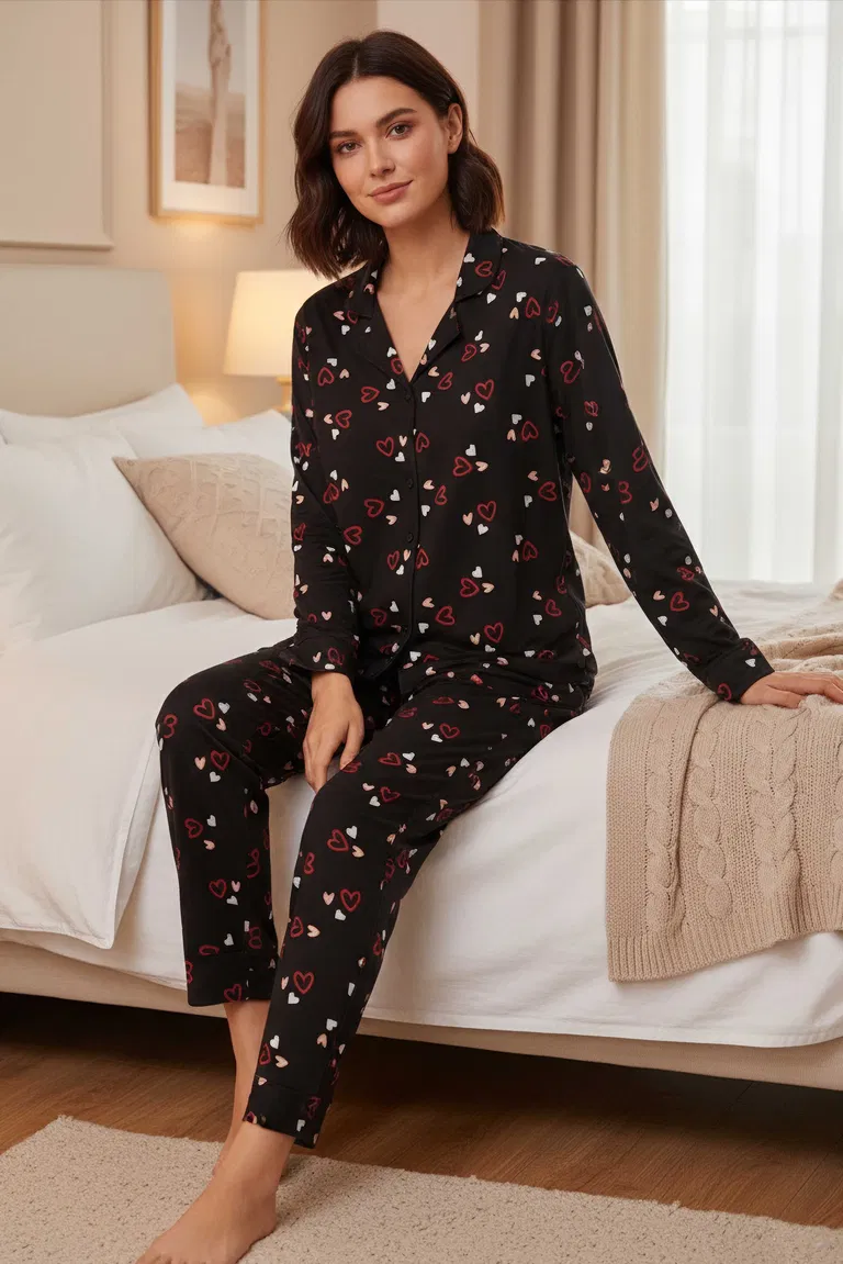 Desenli Süet Pijama Takımı - 28117-SIYAH - TOFİSA