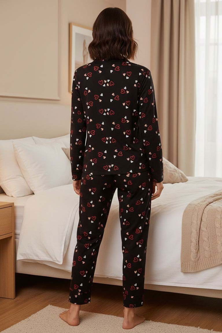 Desenli Süet Pijama Takımı - 28117-SIYAH - TOFİSA