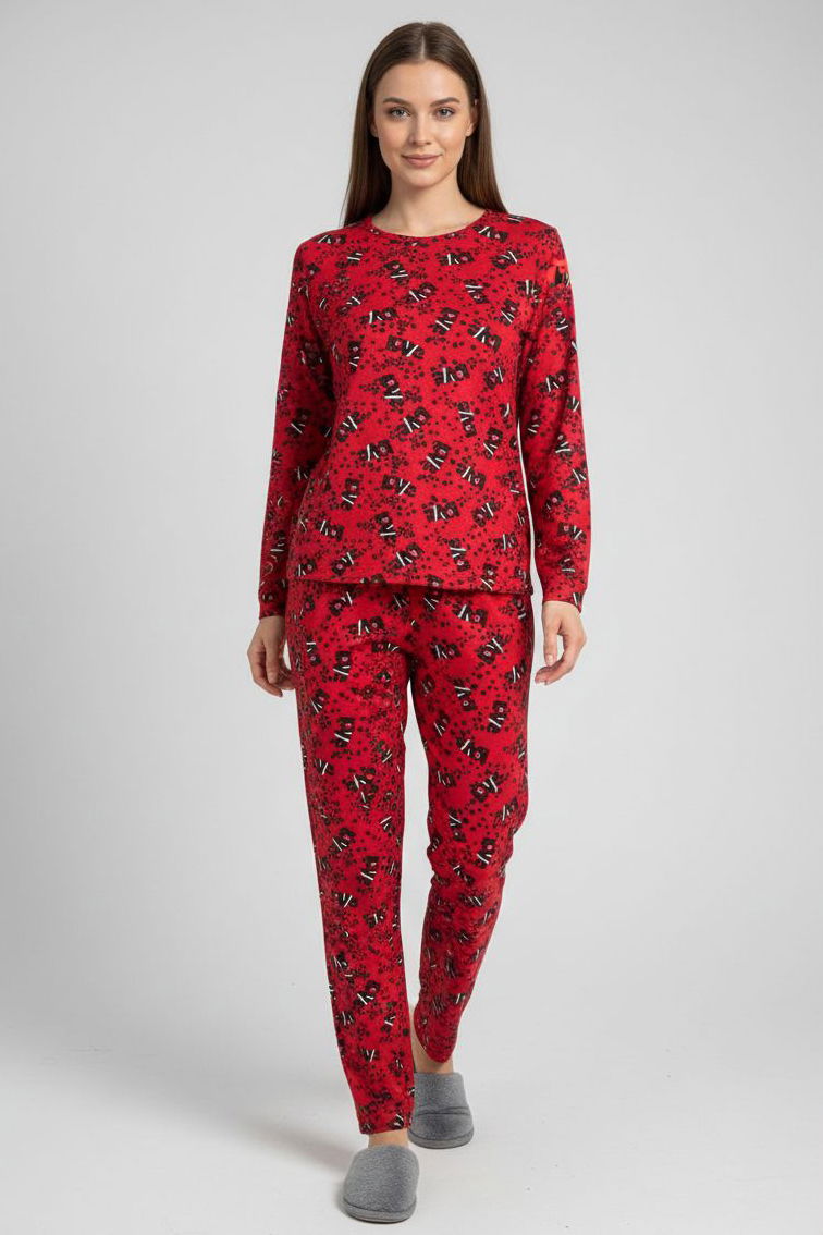 Desenli Süet Pijama Takımı - 28155-KIRMIZI - TOFİSA