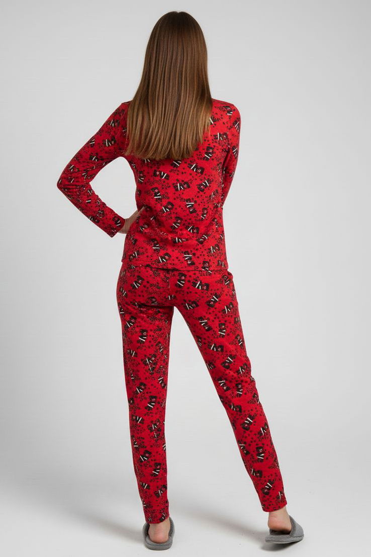 Desenli Süet Pijama Takımı - 28155-KIRMIZI - 3