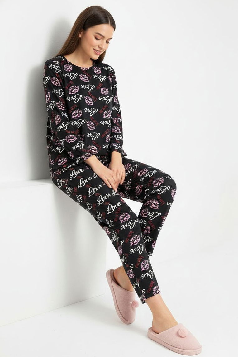 Desenli Süet Pijama Takımı - 28156-SIYAH - 1