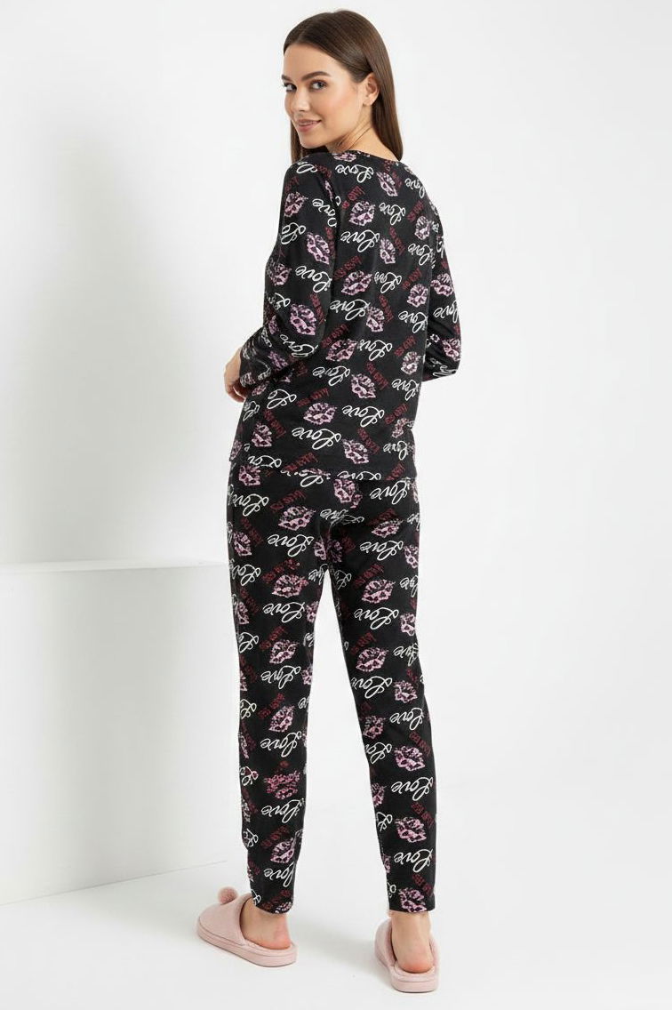 Desenli Süet Pijama Takımı - 28156-SIYAH - 2