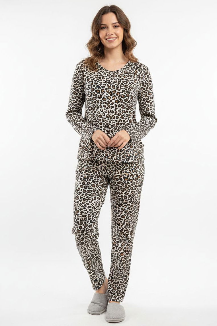 Desenli Süet Pijama Takımı - 28157-BEYAZ - 1