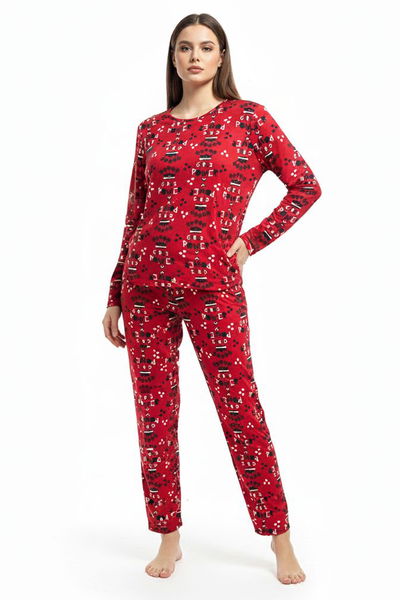 Desenli Süet Pijama Takımı - 28158-KIRMIZI 