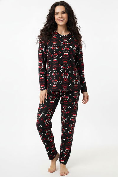 Desenli Süet Pijama Takımı - 28158-SIYAH 